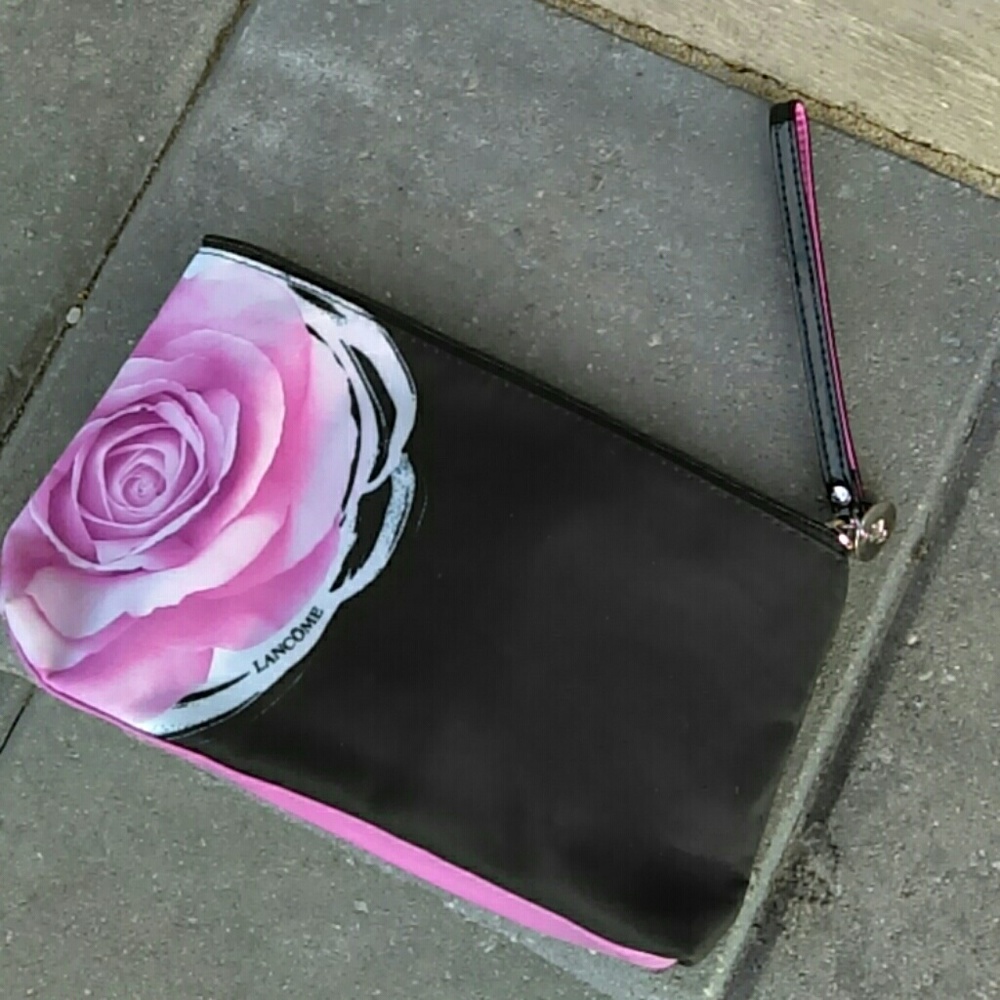 Lancoome wristlet purse travel bag black pink